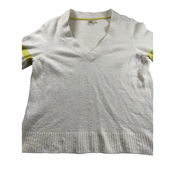 Faherty V Neck Fuzzy Knit Sweater White Neon Green Stripe Accent Size L - Picture 2 of 7